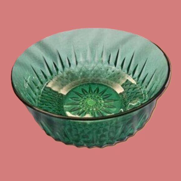 Vintage emerald green glass bowl by Acroroc France starburst stardiamond pattern - Picture 1 of 5